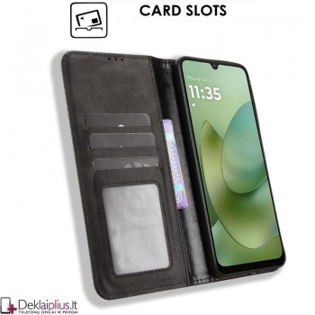 Dirbtinės odos atverčiamas dėklas su skyreliais - juodas (Motorola Moto G06/Moto G06 Power) Dirbtinės odos atverčiamas dėklas su skyreliais - juodas (Motorola Moto G06/Moto G06 Power)